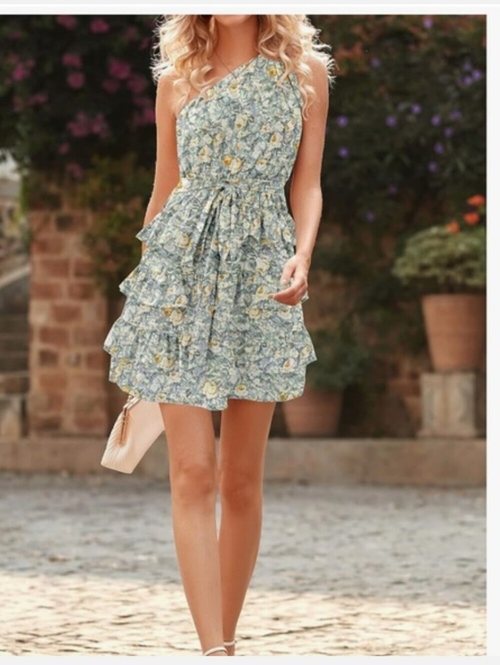 T.J.Maxx One-Shoulder Floral Ruffle Dress - Light Blue & Yellow
